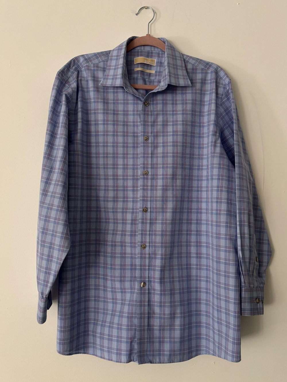 Michael Kors Mens Dress Shirt 17 32/33 Blue Purple Plaid Non Iron Regular Fit